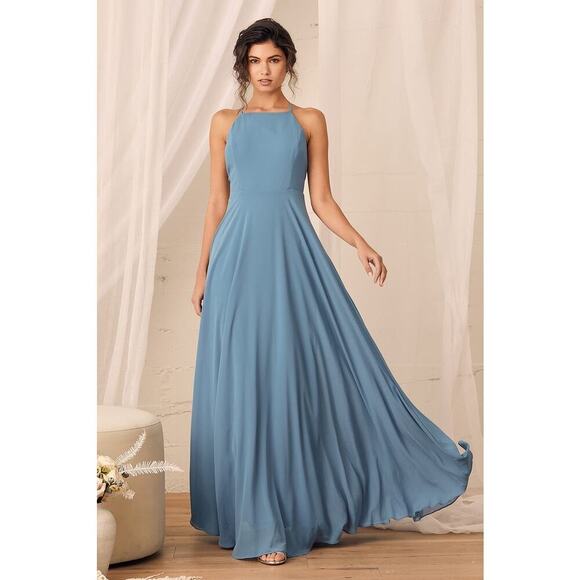 Lulus Mythical Kind of Love Slate Blue Maxi Dress Sz XL Bridesmaid Romantic NWT - Picture 1 of 14
